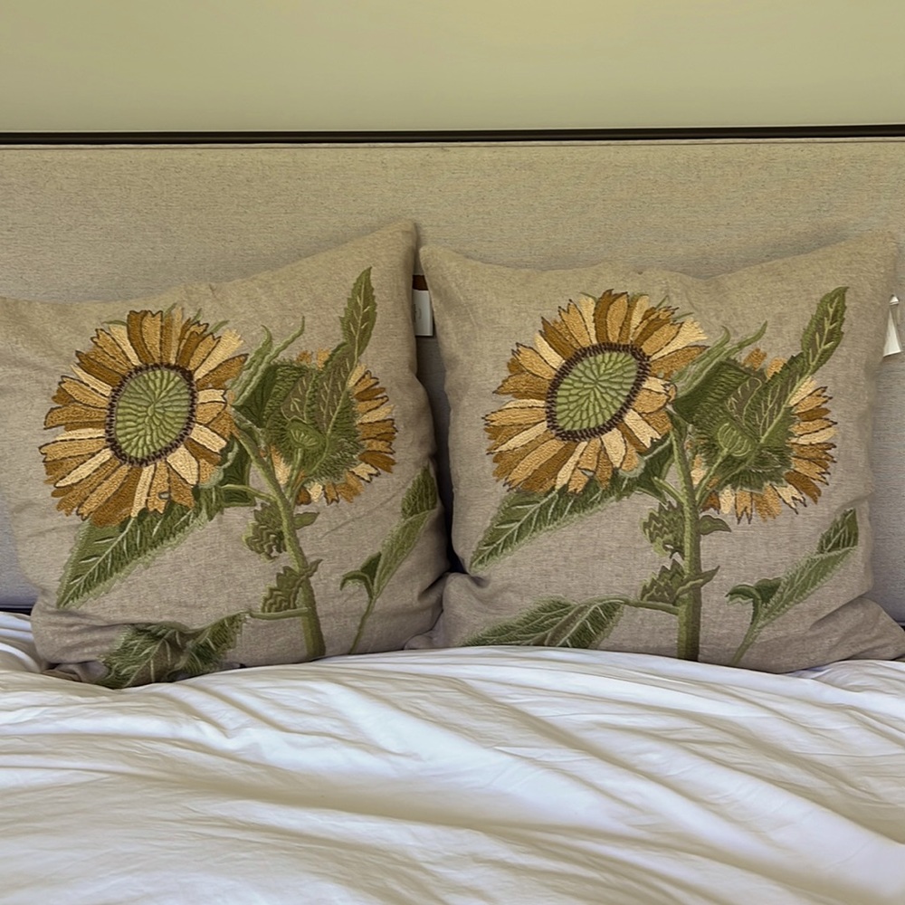 NEW Pottery Barn Embroidered Sunflower Pillow Covers (2) 24”x24”
